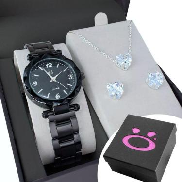 Imagem de Relogio Feminino Preto Aço + Caixa Social Garantia autêntico Presente Inoxidável Black Piano Delicado