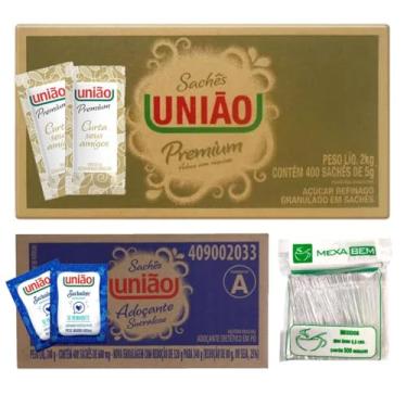 Imagem de Açucar União 400 Saches + Adoçante Sucralose Sache 400 + 500 Mexedores Cafe Kits na Web