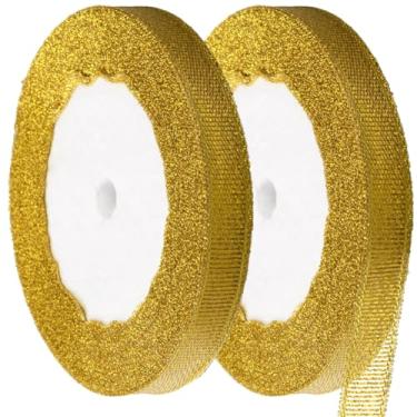Imagem de GORGECRAFT Rolo de fita dourada metálica com glitter de 50 metros, 0,9 cm, tecido sólido brilhante e fino, para embrulho de tule, cetim para árvore de Natal, buquê de flores, Páscoa, dia dos namorados