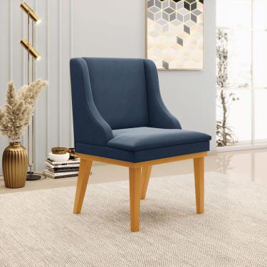 Imagem de Cadeira Decorativa Sala De Jantar Base Fixa De Madeira Firenze Suede Azul Marinho/castanho G19