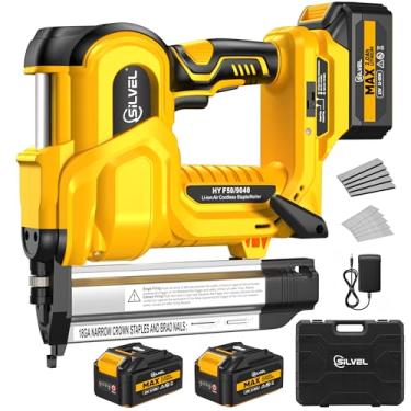 Imagem de SILVEL Pregador Brad sem fio de 5 cm, pregador elétrico 2 em 1 de 21 V com 2 pilhas de 2,0 Ah, 1000 pregos, grampos de 18 GA, profundidade ajustável para marcenaria, melhoria da casa, amarelo