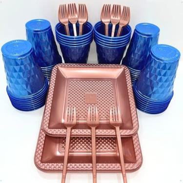 Imagem de Conjunto de luxo descartável para festas de aniversário com 260 peças Pratos quadrados de plástico colorido com efeito perolado Cores doces (Azul Rose Perolado)