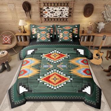 Imagem de Erosebridal Conjunto de edredom para meninos, decoração ocidental, solteiro, boêmio, asteca, exótico, sudoeste, geométrico, rústico, fazenda, para crianças, adolescentes e adultos, verde