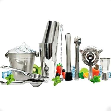 Imagem de Kit Coqueteleira Boston 820 Ml Acessórios Inox Profissional - Coqueteleira Profissional Boston, Socador, Dosador, Balde, Pegador de gelo, Colher Bailarina Tridente, Espremedor, Coador Stainer