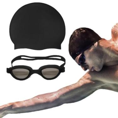 Imagem de Touca Natação Adulto, Kit óculos Natação Piscina Adulto Não Embaça + Touca de Silicone, 19 Cm (A) X 22 Cm(L) | óculos 4,3 Cm (A) X 16 Cm (L)(PRETO)