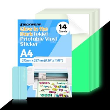 Imagem de TECKWRAP Papel adesivo de vinil imprimível para impressora a jato de tinta, papel adesivo imprimível de vinil que brilha no escuro, 21 cm x 29,7 cm, tamanho A4 para livro de recortes, cortadores de