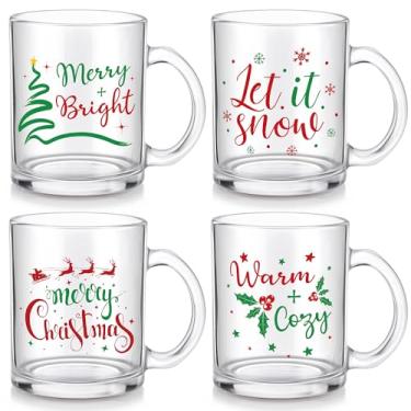 Imagem de Suclain 4 peças de caneca de vidro de Natal com alça 340 g Let It Snow Berry Glass Canecas de café para bebidas quentes e frias, xícaras de café de floco de neve de inverno para chá de inverno
