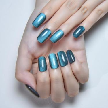 Imagem de Prensa de olho de gato verde azul-petróleo nas unhas quadradas médias, cola de geleia quadrada média nas unhas cromadas para presente feminino, brilho holográfico verde, brilhante, reutilizável, macia