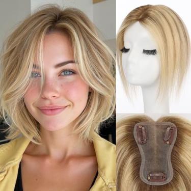 Imagem de starluck Toppers de cabelo humano real para mulheres 25,5 cm - Adequado para queda de cabelo sem franja 7,6 x 11,4 cm Base suíça amarrada à mão e 3 clipes seguros (Ombre P721A#)
