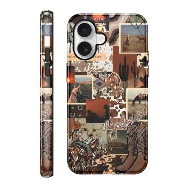 Imagem de Vulfwela Capa de celular para iPhone 16 de 6,1 polegadas Western Cowgirl Cowboy Collage, proteção 2 em 1 à prova de choque retrô Wild West Cowboy cacto botas chapéu entusiastas capa de telefone para