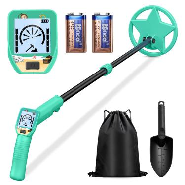 Imagem de Detector de metais para crianças, leve e ajustável de 62 a 85 cm, com bobina de pesquisa à prova d'água de 16,5 cm e visor LCD, presente para meninos e meninas para caça ao tesouro (azul-verde)
