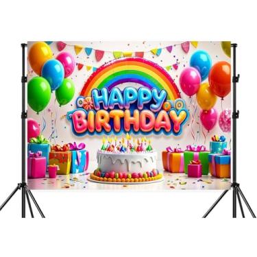 Imagem de Pano de fundo de feliz aniversário, arco-íris, 3,5 x 2,3 m, banners de balões coloridos para decoração de meninas, doces, casa, ao ar livre, artigos de decoração de festa de aniversário, fundo