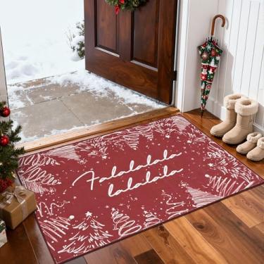 Imagem de JINCHAN Deck the Halls Tapete de Natal 5 x 7 para entrada, lavável, árvore de Natal, capacho vermelho, antiderrapante, macio, pequeno, tapete para decoração festiva de inverno, para porta da frente