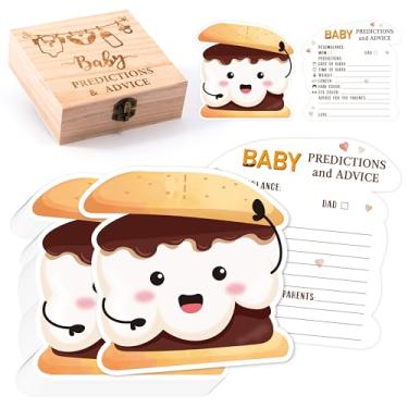 Imagem de ArianQicult Cartões de previsão e conselhos para bebês - 50 cartas de jogo de conselhos de acampamento S'mores dupla face com caixa de lembrança de presente para novos pais chá de bebê gênero neutro