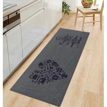 Imagem de Tapete Passadeira Antiderrapante para Cozinha, Cinza Chumbo Coração Azul, 45x140cm, Decorativo