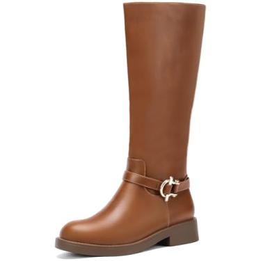 Imagem de DOBOLIN Botas femininas de cano alto na altura do joelho com zíper lateral de couro PU com fivela moderna de bico redondo, Marrom, 8 Wide