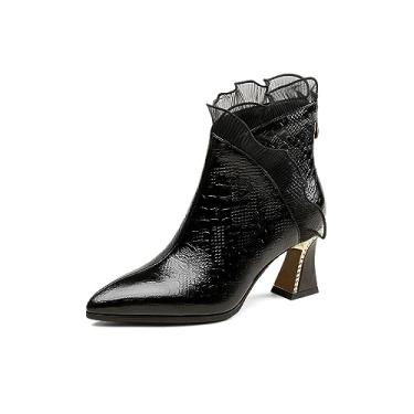 Imagem de TinaCus Bota feminina de couro genuíno com babados e bico fino com zíper e salto carretel, Preto, 36