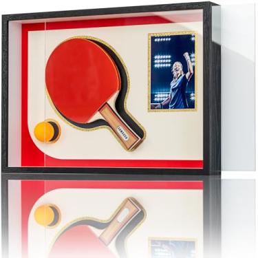 Imagem de SAMSUSU Raquete de tênis de mesa preta de 30 x 43 cm, moldura de caixa de sombra, estojo de exibição de raquete de pingue-pongue com compartimento para fotos, exibição de lembranças esportivas para
