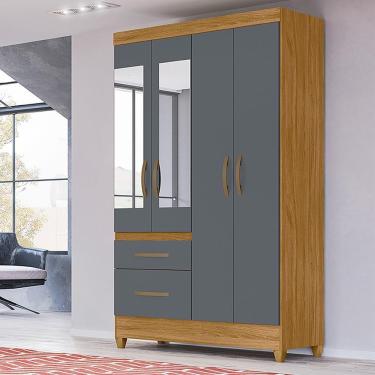 Imagem de Guarda Roupa Solteiro 4 Portas Com Espelho 2 Gavetas Freijo - Cinza Madri - Moval