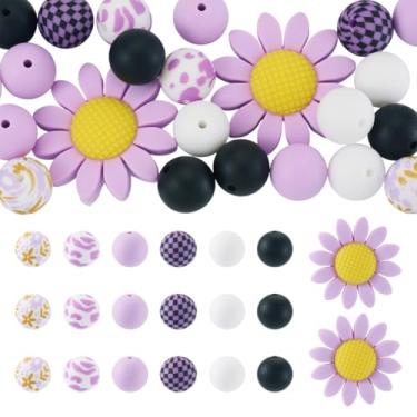 Imagem de Beadthoven 23 peças contas focais de silicone de girassol para caneta, contas espaçadoras redondas de borracha de 15 mm para pulseira faça você mesmo, colar, brinco, chaveiro, fabricação de joias