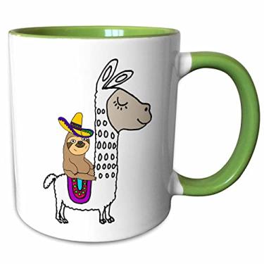 Imagem de 3dRose mug_273492_7 Caneca engraçada com desenho de preguiça fofa com sombrero montando lhama branca, 325 ml, verde