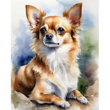 Imagem de VNUIEHG Kit de pintura em tela a óleo de enchimento DIY por número Chihuahua Dog com pincéis e pigmento acrílico, pintura em tela faça você mesmo para adultos iniciantes, 40 x 50 cm, sem moldura