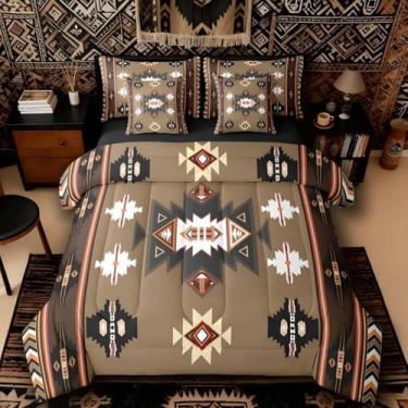 Imagem de Erosebridal Conjunto de edredom Queen Western Bed in a Bag, 7 peças, boêmio, geométrico, boêmio, asteca, decoração de quarto, tribo étnica, decoração de quarto, marrom