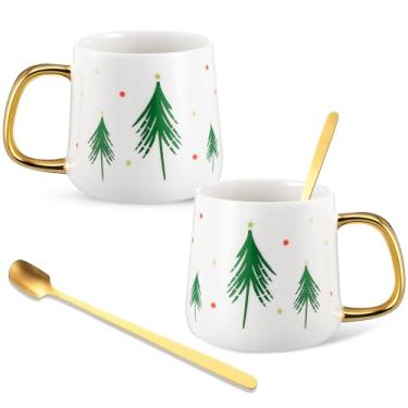 Imagem de Potchen Conjunto de 2 peças de canecas de Natal para pais casais, xícara de café com alça dourada e colher, chá de cerâmica de Natal de 293 ml, xícaras de cacau quente, presente para decoração de