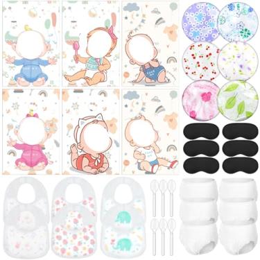 Imagem de Liitrsh Conjunto de 6 jogos engraçados de chá de bebê para chá de bebê, conjunto de jogos de chá de bebê, inclui máscara para os olhos, babador, colher, tampa de fralda, placa de espuma, atividades de