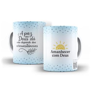 Imagem de Caneca Religiosa com Frase Inspiradora em Português, Cerâmica, 325ml, Design Polka Dot Azul, Decorativa com Mensagem 'A Paz que Deus Dá' e 'Amanhecer com Deus' (20837)