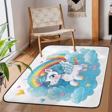 Imagem de Tapete para sala de estar, lavável à máquina, animal fofo, arco-íris, unicórnio, antiderrapante, tapete macio, para sala de estar, quarto, sala de jantar, berçário, cozinha, decoração de casa