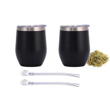 Imagem de CanHighGer 2 peças de xícara de erva mate, cabaça de erva mate com isolamento térmico, conjunto de xícara de chá inclui escova de limpeza e 2 bombillas, copo mate de parede dupla de aço inoxidável 304