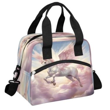 Imagem de hongjinglin Lancheira isolada para mulheres, homens, adultos, reutilizável, impermeável, à prova de vazamento, animal, unicórnio, céu rosa, grande, bolsa térmica para almoço, bolsas, bolsa de