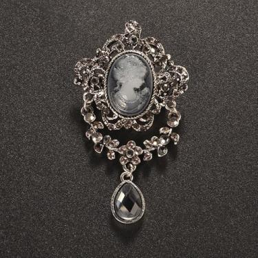 Imagem de Broche de camafeu vitoriano, broche de cristal vintage com rosto feminino, broche de lapela para blazers e casacos femininos, presente de luxo, One Size, Metal, não