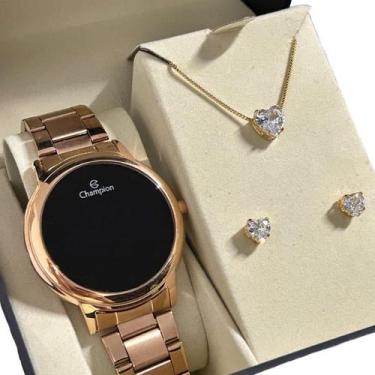 Imagem de Kit Relógio Feminino Champion Rosê fundo preto Redondo + Colar Brinco 