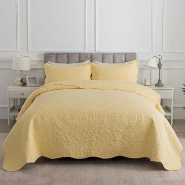Imagem de HoneiLife Conjunto de colcha king size – Conjunto de colcha de microfibra leve com 3 peças, colchas reversíveis, capa de cama rústica, conjunto de cama king, todas as estações, amarelo