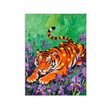 Imagem de Animais Pintura Arte Parede - Tigre em Flores - Impressões em tela - Moderno Colorida Pôster para decoração sala de estar 50x65cm Sem Moldura