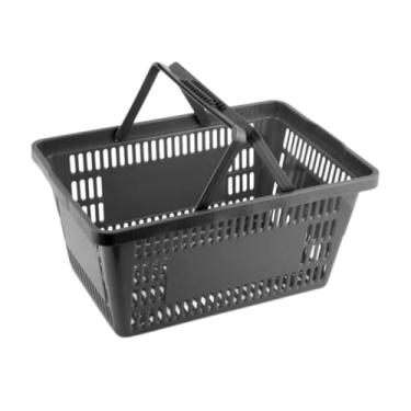 Imagem de Conjunto de 5 cestos de compras de supermercado em plástico preto, com capacidade de 16 litros e alças reforçadas, ideais para lojas e mercados