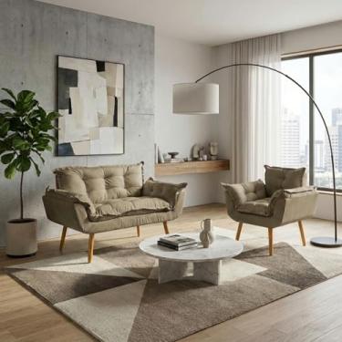 Imagem de Kit Namoradeira Decorativa e Poltrona Para Sala Recepção Manicure Consultório Escritório Alice Tecido Suede (Nude)