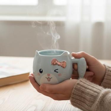 Imagem de Caneca de Porcelana 3D - Cat Loves Fish Azul