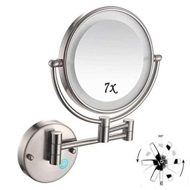 Imagem de Espelho de maquiagem montado na parede com luzes e ampliação de 7x, espelho de ampliação dupla face de 20 cm para banheiro, rotação 360 - para maquiagem, cuidados faciais