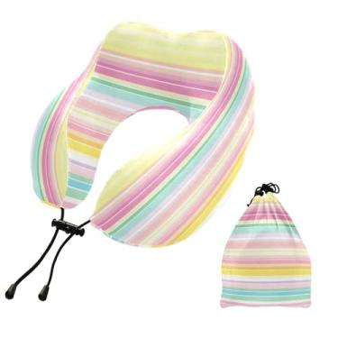 Imagem de CEBUGI Travesseiros de viagem portáteis em forma de U, travesseiro de pescoço de espuma viscoelástica com trava de corda ajustável para avião, viagem, trem, negócios, escritório, soneca (listras