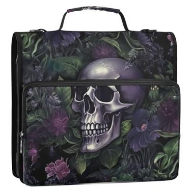Imagem de Wassud Pasta organizadora expansível com 3 anéis de caveira de flores de bruxa preta com alça de ombro e alça de vários bolsos