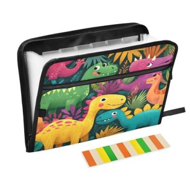 Imagem de CEBUGI Pasta expansível de 13 bolsos, impermeável, sanfonada, organizador de arquivos com etiquetas tamanho A4, organizador de documentos de papel para escola, material de escritório, dinossauro fofo