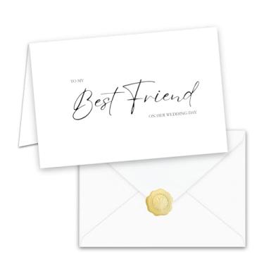 Imagem de JYfeel Cartão To My Best Friend on Her Wedding Day, 10 x 15 cm dobrado em branco por dentro, cartolina de 300 gsm com envelope e selo de folha dourada, presente de noiva com escrita minimalista
