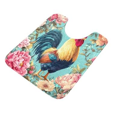Imagem de Burbuja Tapete de banheiro Rooster Peonies, tapete de banho absorvente de pelúcia macio, base antiderrapante para piso de banheiro, oval em forma de U