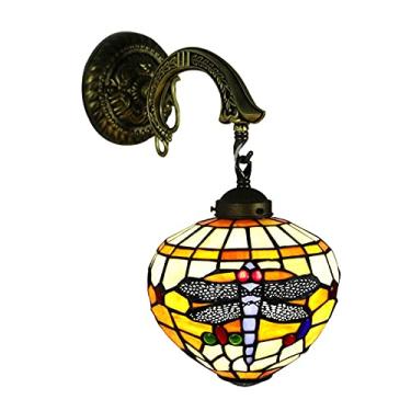 Imagem de Arandela de parede Libélula, estilo Tiffany, com vitrais, design vintage mediterrâneo, ideal para quarto, cabeceira, corredor e varanda. Potência máxima: 60W. Cor: Amarela.