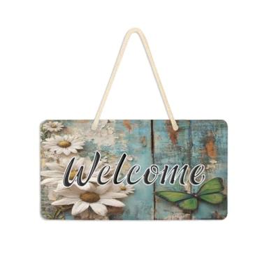 Imagem de Burbuja Placa de boas-vindas de margarida em madeira para porta da frente, placa de boas-vindas de PVC para pendurar na parede varanda casa de fazenda, decoração de feriados, 15 x 28 cm