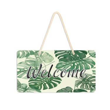 Imagem de Burbuja Placa de boas-vindas Monstera Leaves para porta da frente, placa de boas-vindas de PVC para decoração de férias de casa de fazenda, 15 x 28 cm