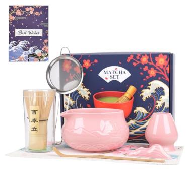 Imagem de Conjunto de batedor Matcha com tigela, kit matcha de 8 peças com suporte de cerâmica, suporte de colher, peneira, toalha de chá, cartão de felicitações, batedor e colher de bambu, presente de Natal